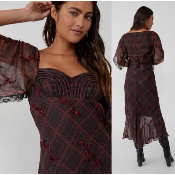 NWOT Free People Grunge WhimsyGoth Plaid Sheer Midi Dress Size 8 Fallen Flowers - Picture 5 of 15